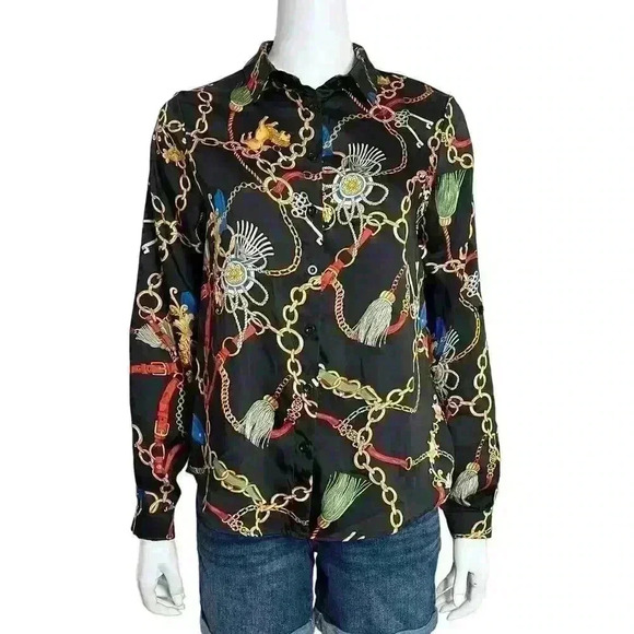 Haute Monde Chain Print Button Down Blouse Size Medium - Picture 10 of 10